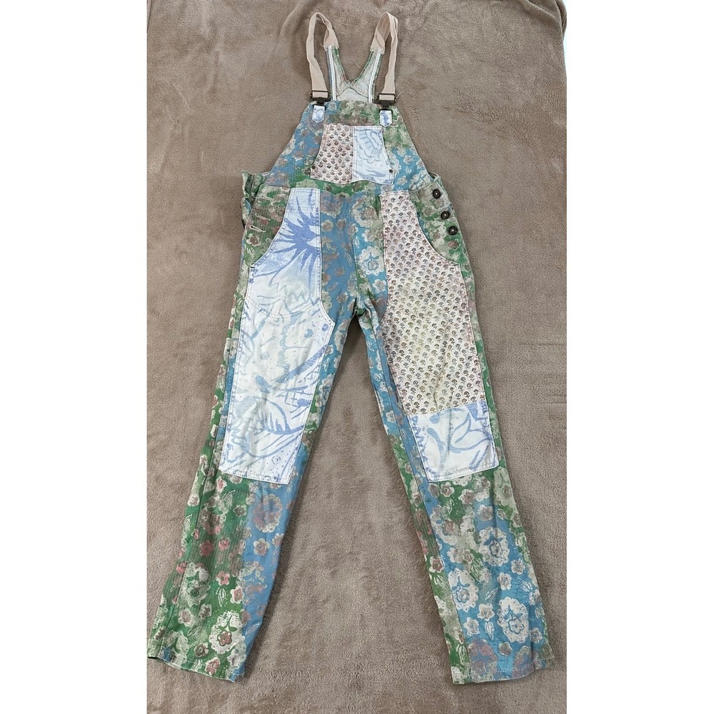 Pilcro and the Letterpress Patchwork Floral Overalls in Green and Blue